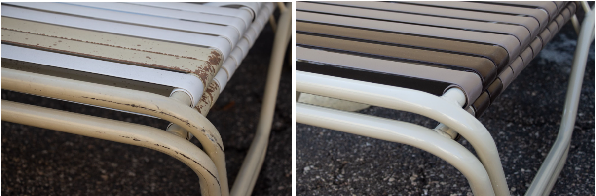 Image of a strap chair before and after refurbishing.